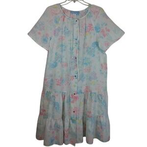 Coffee Time Pastel Floral Granny Lite Tiered House Dress Button Robe Midi L